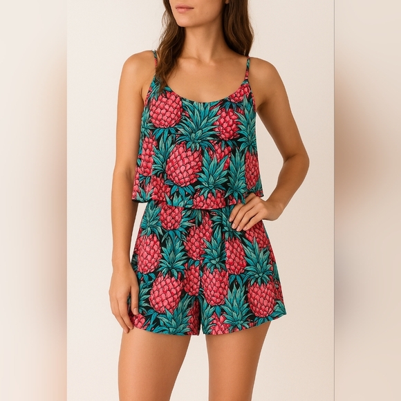 Buddy Love Tropical Pineapple Print Romper Spaghetti Straps Size Large - Picture 1 of 8